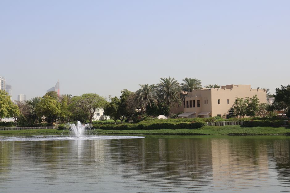 Tranquil urban park with fountain, greenery, and modern architecture under blue sky.